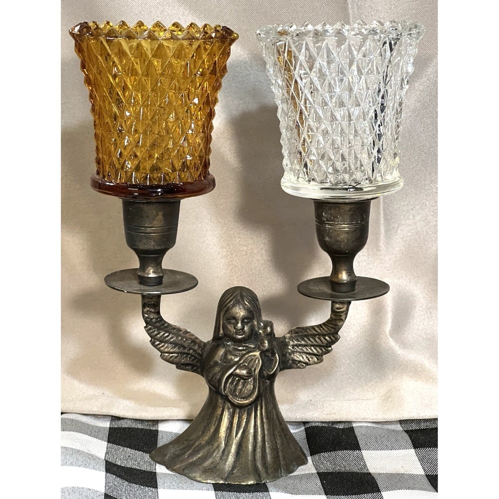 VTG METAL CANDELABRA CENTRAL ANGEL FIGURE AND TWO GLASS VOTIVE‎ HOLDERS (445)